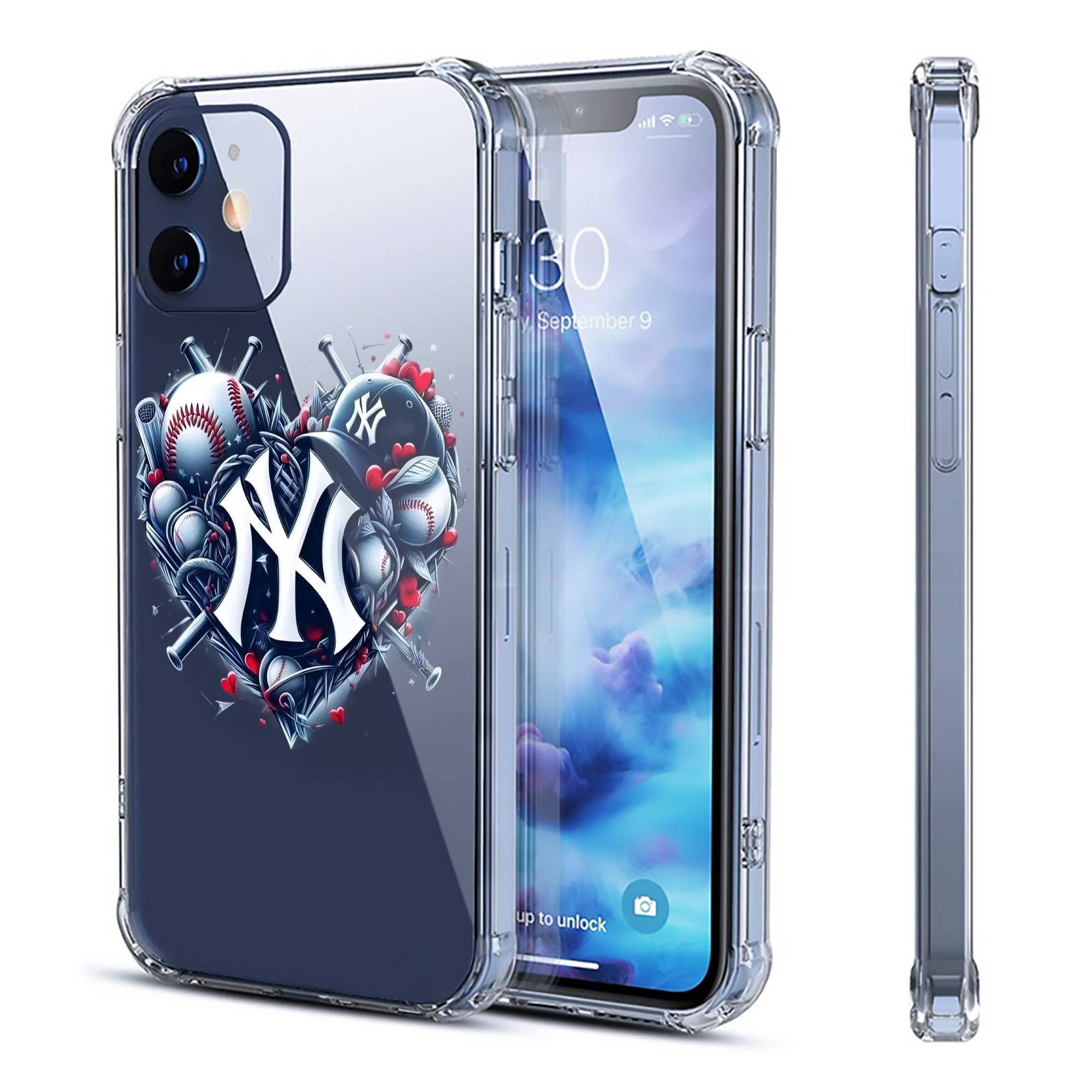 New York Yankees Heart Clear IPhone 12 Case – Soft TPU With UV Print – Enhanced Drop Protection, Precise Fit, Anti-Fingerprint, Customizable Design, Scratch-Resistant, Yellow-Resistant